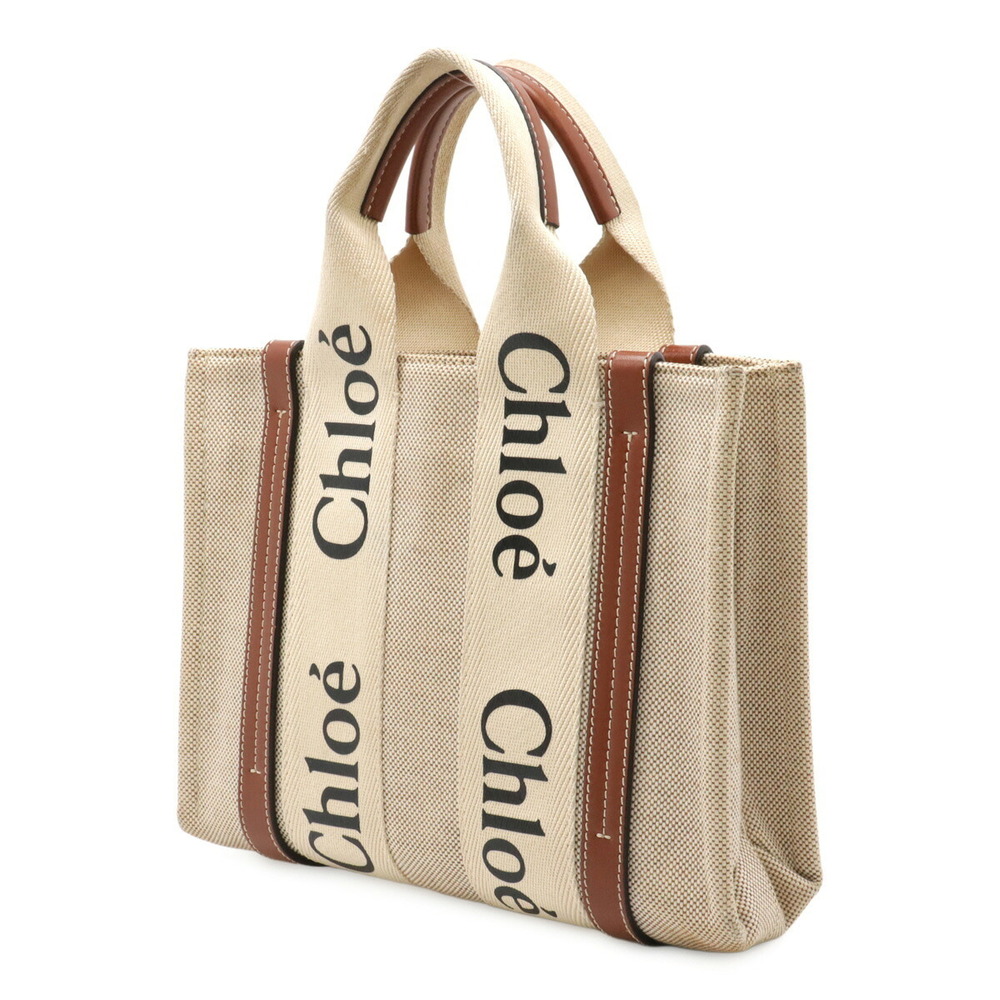 Chloe Handbag Woody Leather Bag Canvas Beige Tote Brown
